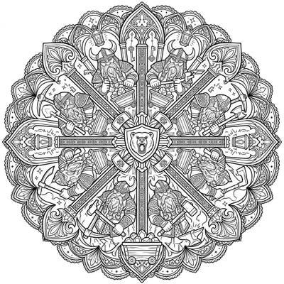 Embark on an epic coloring adventure with this stunning Gothic Dwarf Mandala. Featuring intricate designs of armored dwarves, mining tools, and ornate Gothic architecture, it's a perfect blend of fantasy and detailed artistry.