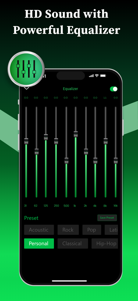 Offline Music Player app equalizer interface with HD sound settings and frequency sliders.