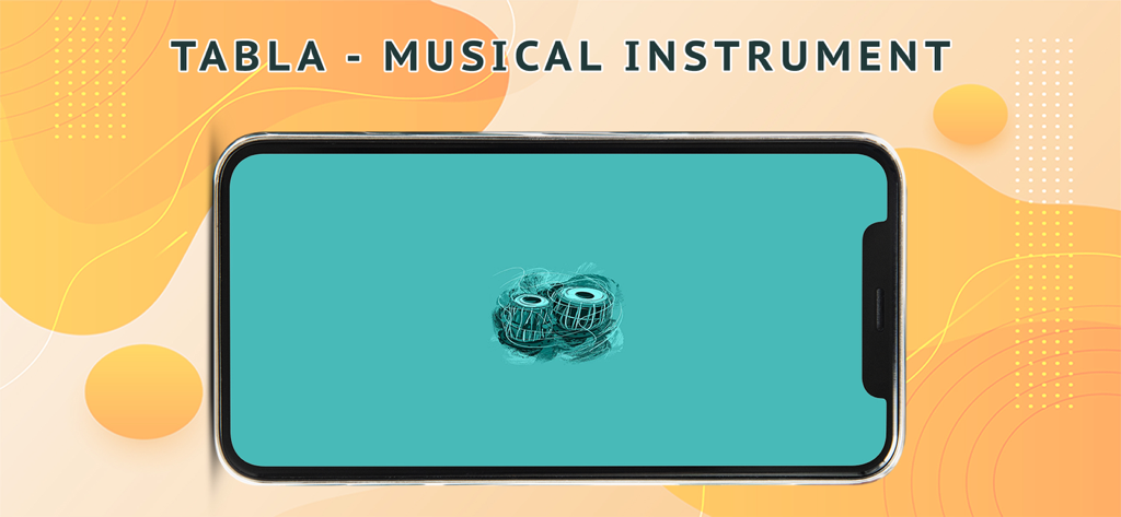 Tabla mystical drums - A smartphone showing the Tabla musical instrument app icon on a teal screen with a decorative orange background.