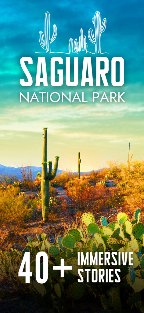 Saguaro National Park Guide - Saguaro National Park Guide app cover showing desert sunset and saguaro cacti