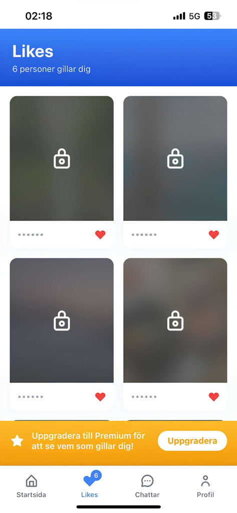 FishBud - FishBud app interface showing blurred profile pictures with lock icons on the likes screen and a yellow banner prompting for a premium upgrade to see matches