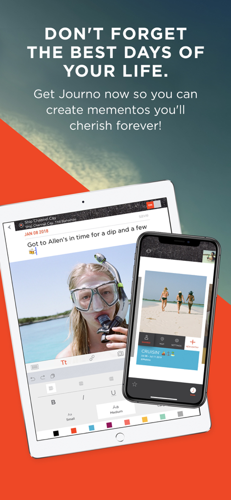 Journo travel journal app showing vacation memories and photo entries on mobile devices