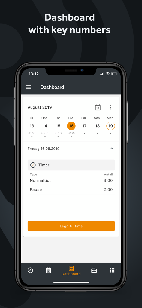 Mobile Worker app dashboard displaying a calendar and tracked work hours for field management
