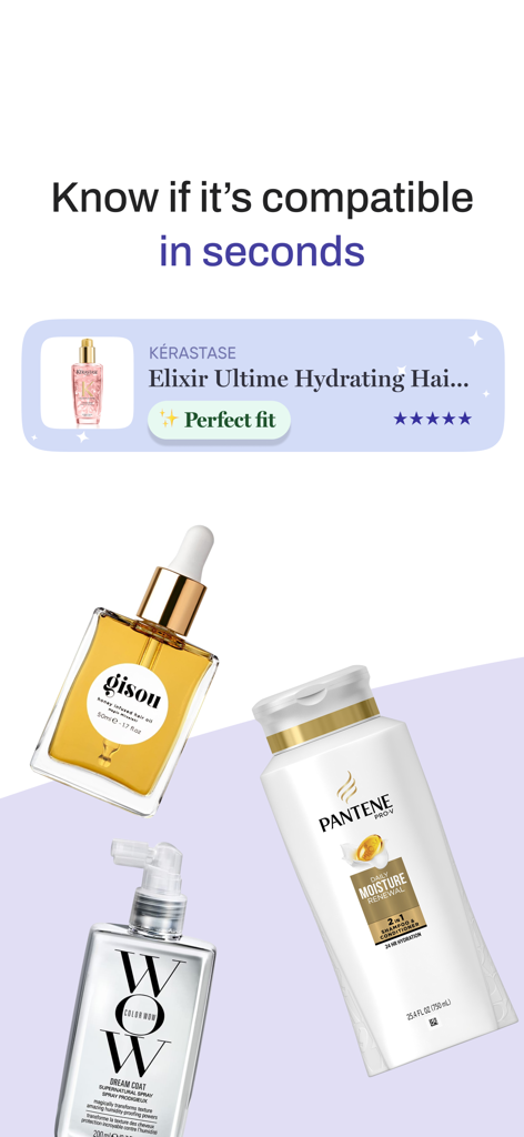 hair2hair - Hair Care Scanner - Interfaz de la aplicación hair2hair que muestra una puntuación de compatibilidad de producto para un artículo de cuidado capilar entre otras marcas de belleza