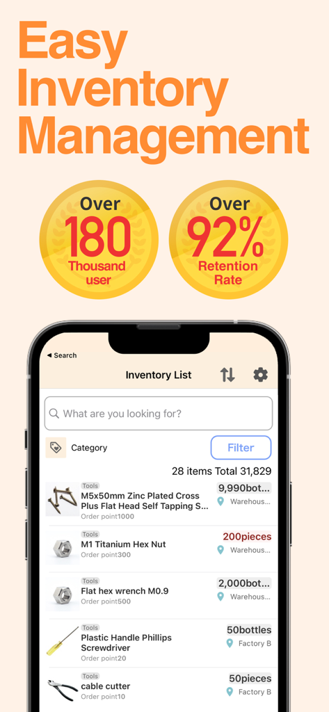 zaico - Easy Stock Management - The zaico mobile app interface displaying an inventory list of tools and hardware with stock quantities and warehouse locations.