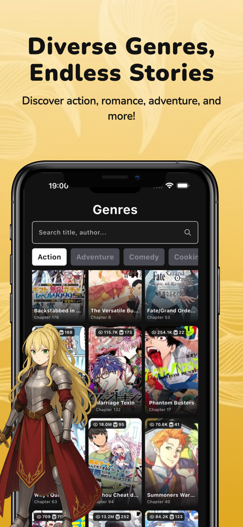 Manga Reader - Top Manga - Manga Reader app interface showing a list of manga genres and titles with an anime character illustration.