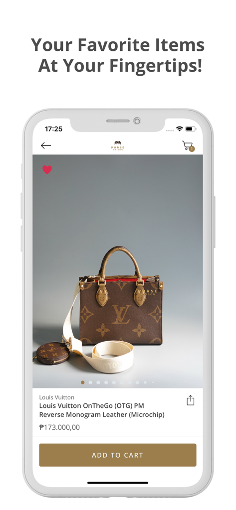 Purse Maison - A Louis Vuitton OnTheGo PM handbag displayed on the Purse Maison app with an add to cart button