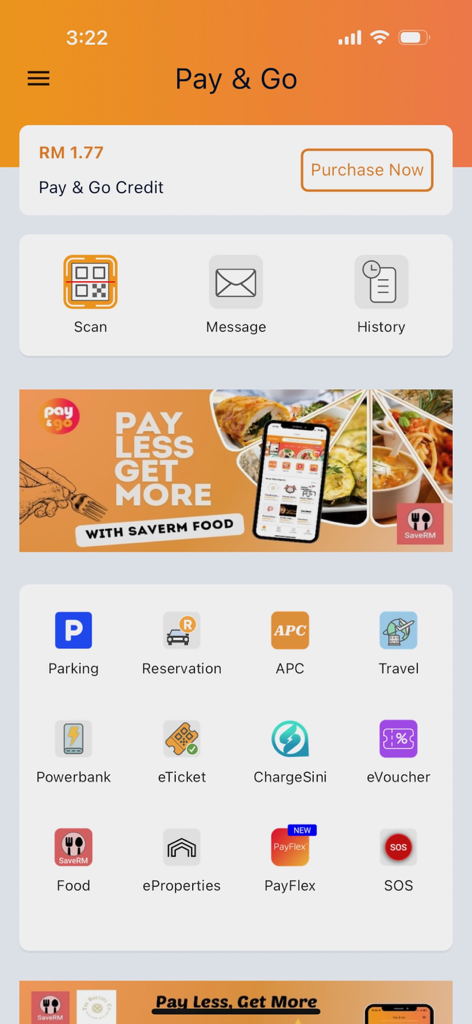 Pay & Go - Pay and Go app home screen displaying credit balance and various service icons including parking and food delivery
