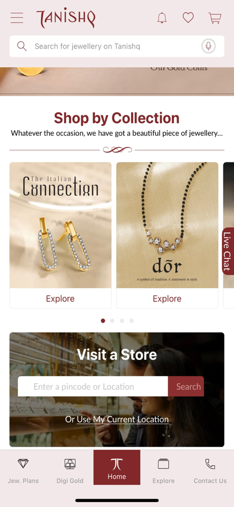 Tanishq mobile app home screen showing jewelry collections and a store locator tool.