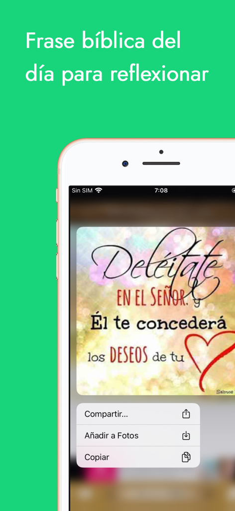 Diccionario Bíblico y Bibia - Pantalla de la aplicación con una frase bíblica diaria y opciones para compartir