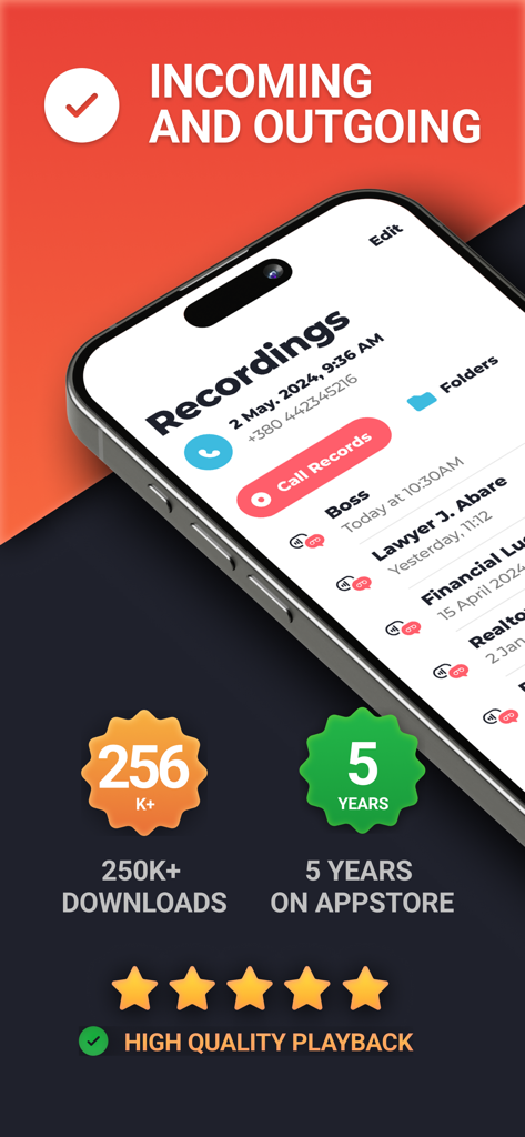 Phone Call Recorder ACR - Interfaz de Phone Call Recorder ACR mostrando una lista de llamadas grabadas y estadísticas de la app store