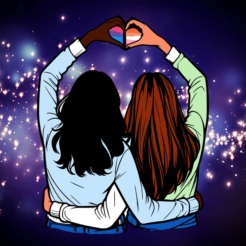 two friends with their backs turned and their hands in a heart realistic