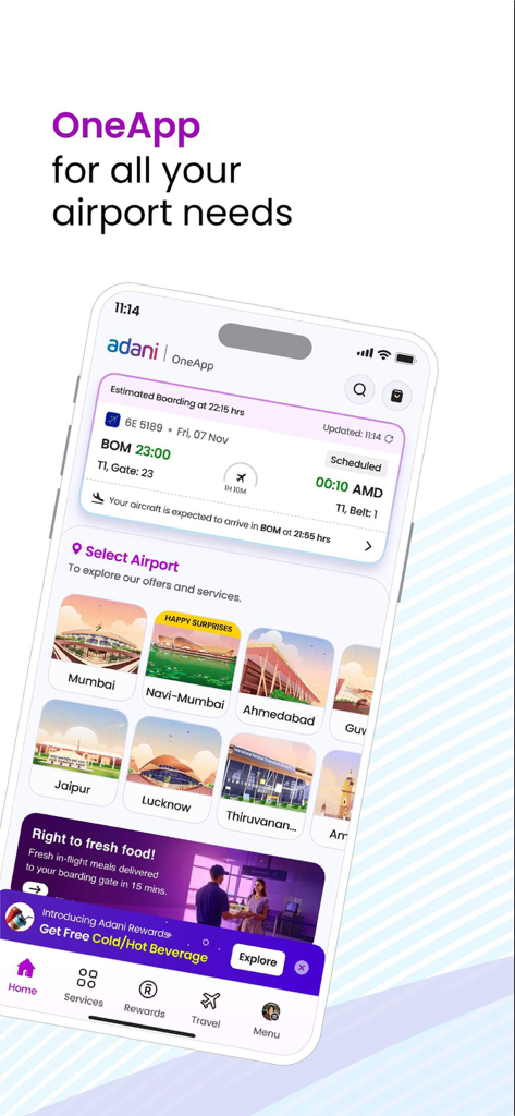 Adani OneApp: For Smart Travel - Adani OneAppのホーム画面、フライト詳細と空港サービスオプションを表示