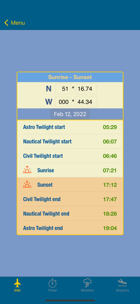 E6b Pilot - E6b Pilot app screen displaying sunrise sunset and twilight times for flight planning