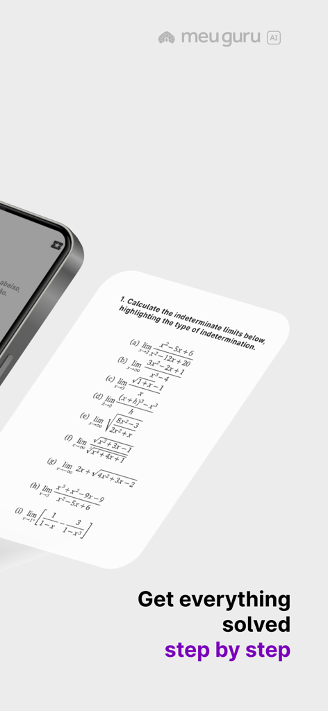App Guru AI mostrando soluções passo a passo para problemas complexos de matemática de cálculo