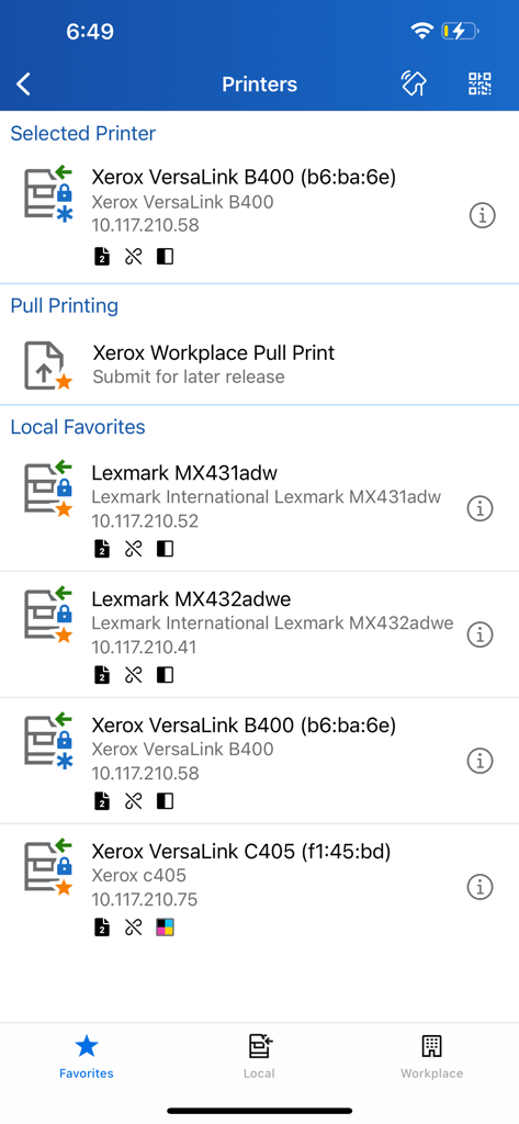 Xerox Workplace app interface displaying a list of selected printers, pull printing options, and local favorites.