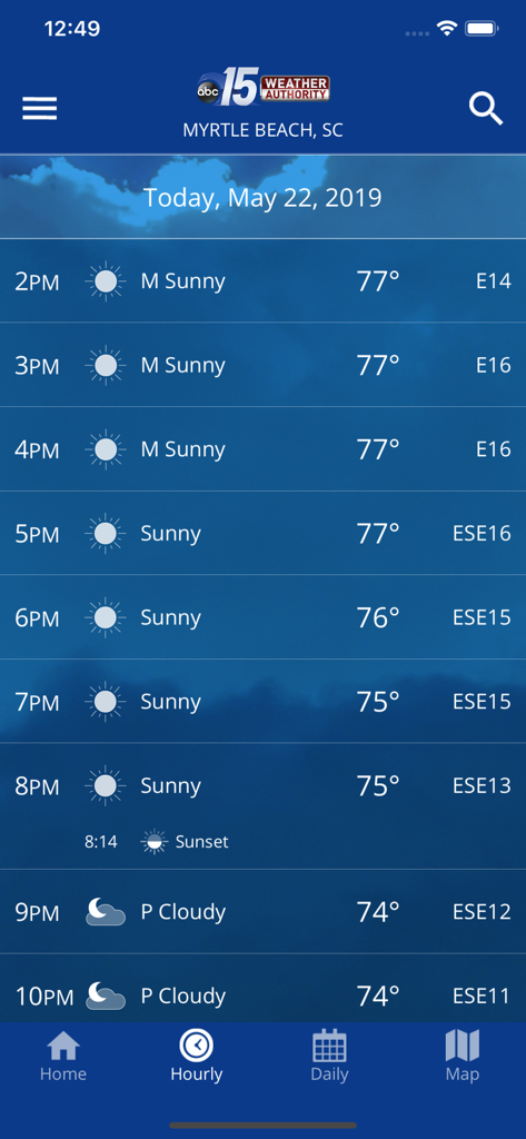 WPDE WX app hourly weather forecast for Myrtle Beach showing sunny conditions and temperatures