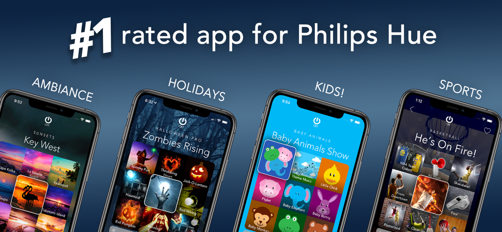Four smartphone screens showing OnSwitch app lighting themes for Ambiance Holidays Kids and Sports