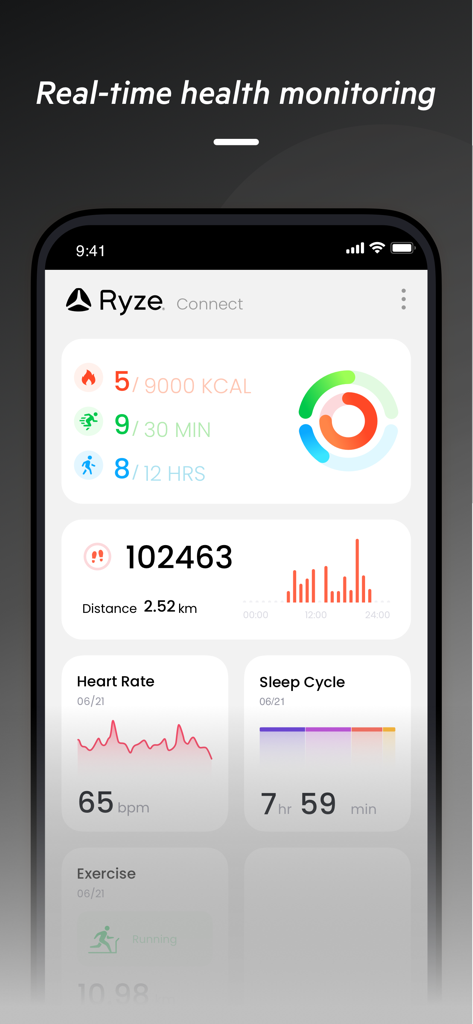 Ryze Connect - Ryze Connect app dashboard showing real-time health monitoring including heart rate sleep cycles and activity rings