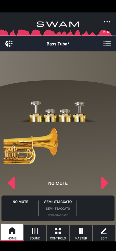 SWAM Bass Tuba - La pantalla de inicio de la aplicación móvil SWAM Bass Tuba mostrando una tuba virtual y ajustes de articulación