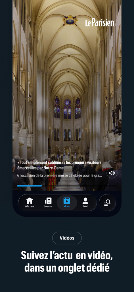 Le Parisien app video news tab showing a report on Notre Dame cathedral