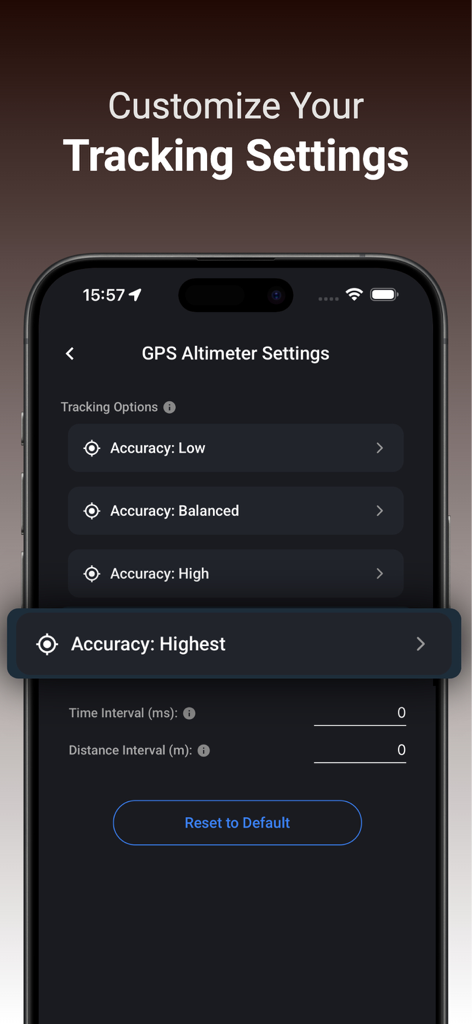 Altitude Finder: GPS Altimeter - A screenshot of the GPS Altimeter settings page in Altitude Finder showing tracking accuracy options and interval customization