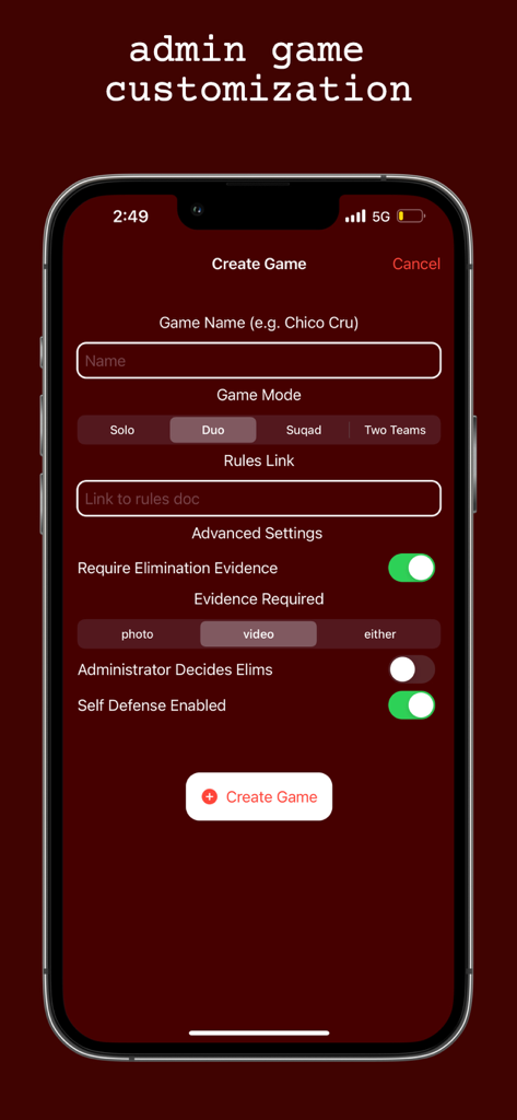 assassin. - Admin game customization screen in the assassin app showing game mode and rule settings