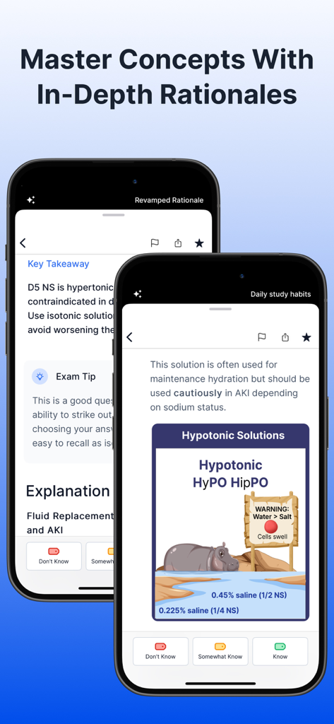NCLEX RN Mastery Exam - 2026 - Two mobile screens displaying nursing study rationales and memory aids for hypotonic solutions in the NCLEX RN Mastery app