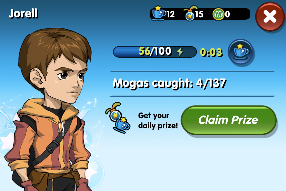 A character profile screen in the Monster Galaxy game showing player progress and a claim prize button.
