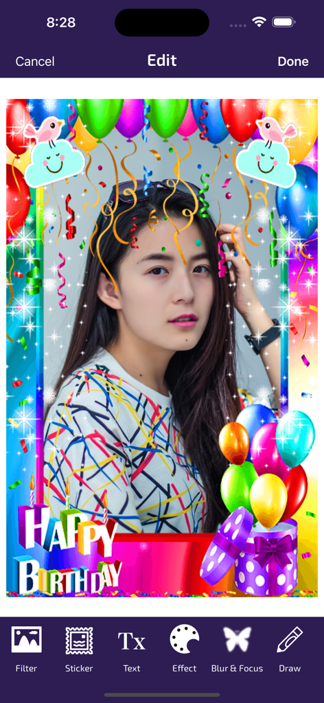 Birthday Photo Frames - Editor - Una interfaz de aplicación móvil que muestra un marco de foto de cumpleaños con globos y stickers siendo editados en un retrato