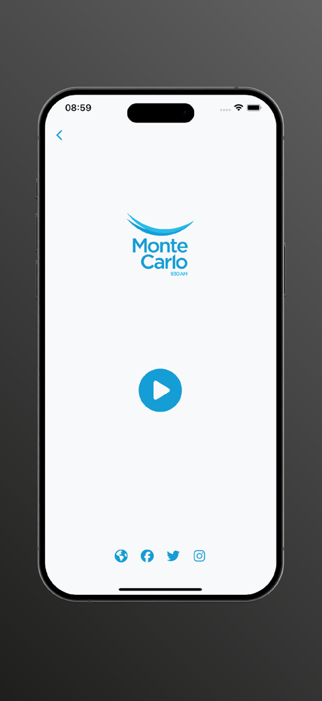 Casa de Radios - Casa de Radios app interface featuring the Monte Carlo 930 AM radio station player screen with a central play button.