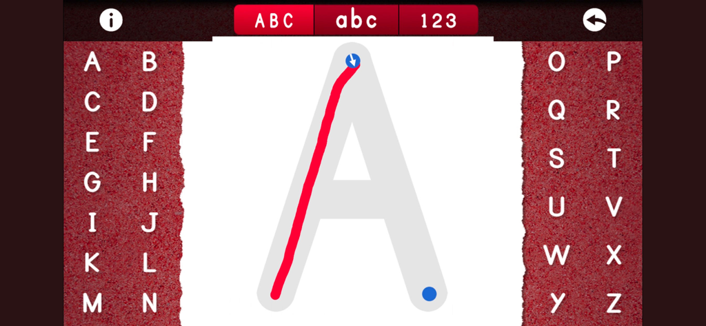 Dexteria - Fine Motor Skills - A screenshot of the Dexteria app showing a handwriting exercise where a user traces a capital letter A