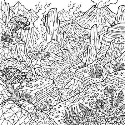 Dive into an awe-inspiring volcanic landscape designed specifically for teen colorists. This intricate coloring page features smoking volcanoes, a winding river, and unique rock formations, offering an exciting challenge for your artistic skills.