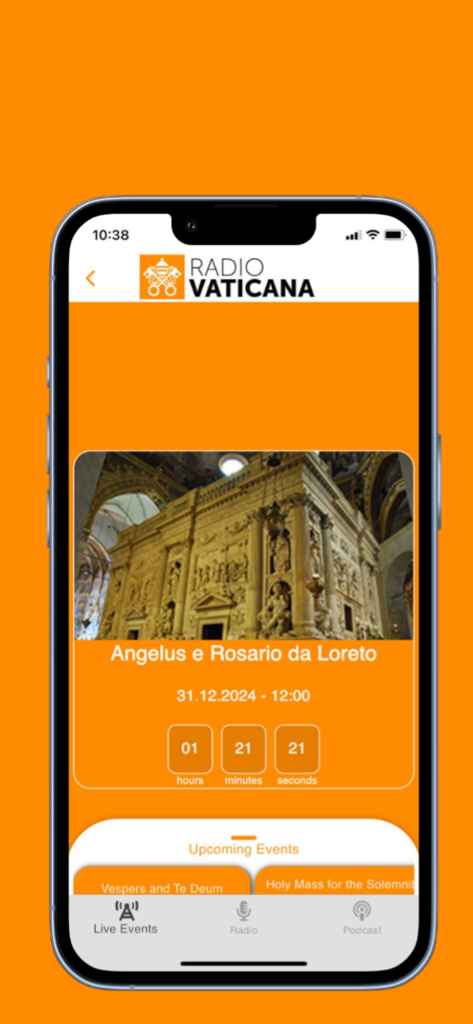 Radio Vaticana app home screen showing a countdown to a live religious event