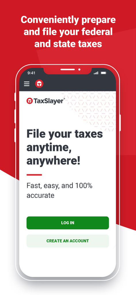 TaxSlayer: File your taxes - TaxSlayer mobile app home screen showing the file your taxes anytime anywhere message with login and create account buttons