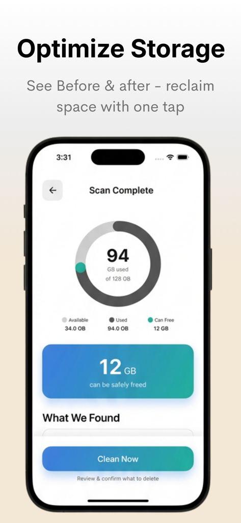 ClearSpace: Storage Cleaner - ClearSpace app interface showing a storage scan summary with 12GB of space that can be safely freed
