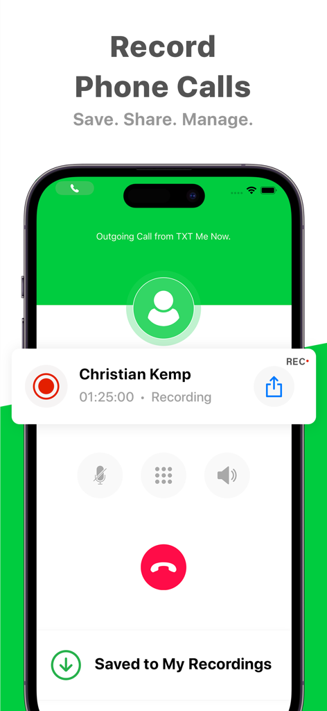 Interface of TXT App Phone Now showing an active phone call being recorded and saved on a mobile device