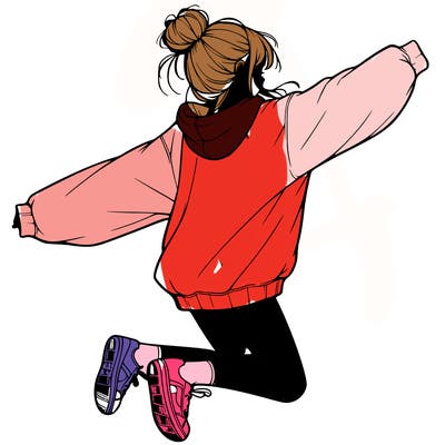 realistic girl jumping with a bun and oversized sweatshirt