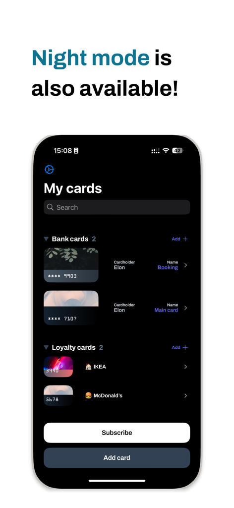 Card Holder: Wallet & Loyalty - Card Holder app interface in night mode showing bank and loyalty cards