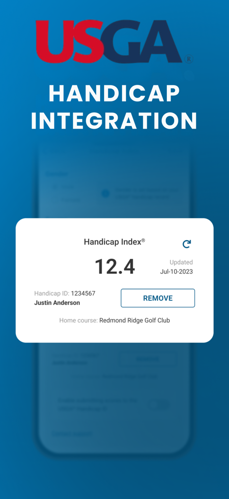Interface showing USGA handicap index integration in the Golf Pad GPS app