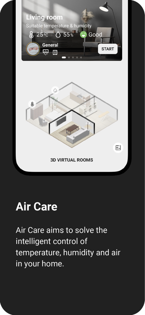 ConnectLife - ConnectLife app interface showing air care controls and a 3D virtual room layout
