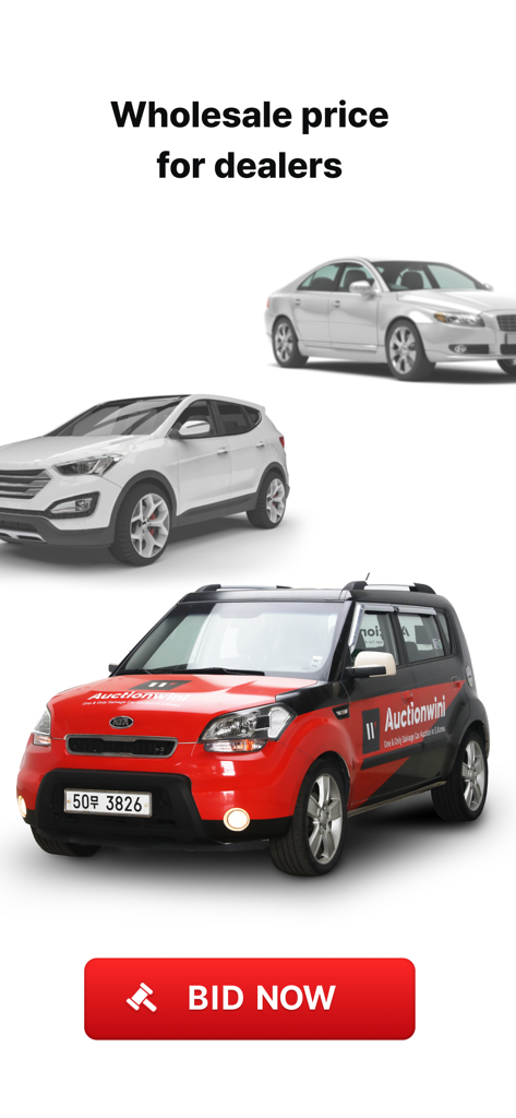 Auctionwini mobile app interface showing various cars for auction at wholesale prices with a Bid Now button
