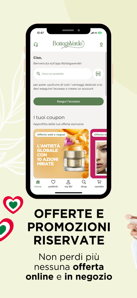 App Bottega Verde en un smartphone mostrando ofertas de productos para el cuidado de la piel y cupones exclusivos.