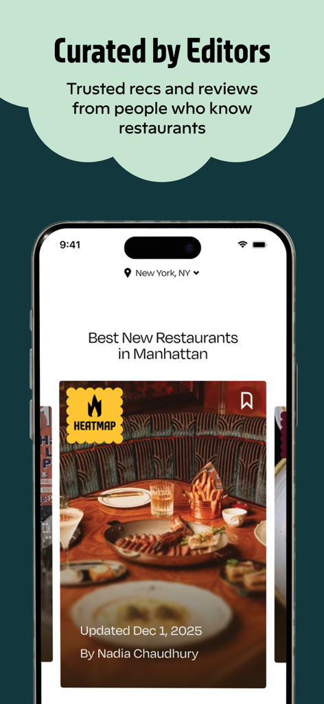 Eater - Aplicativo móvel Eater mostrando lista selecionada dos melhores novos restaurantes em Manhattan com críticas de especialistas
