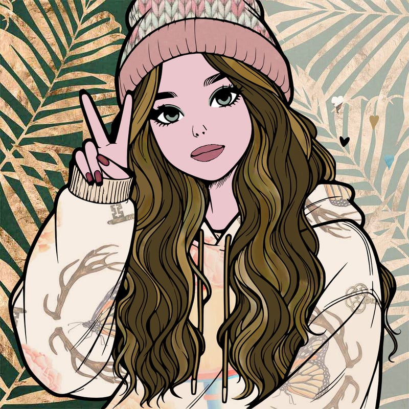 a teenage girl in a beanie, oversized sweatshirt, wavy long hair, and is showing a ✌️