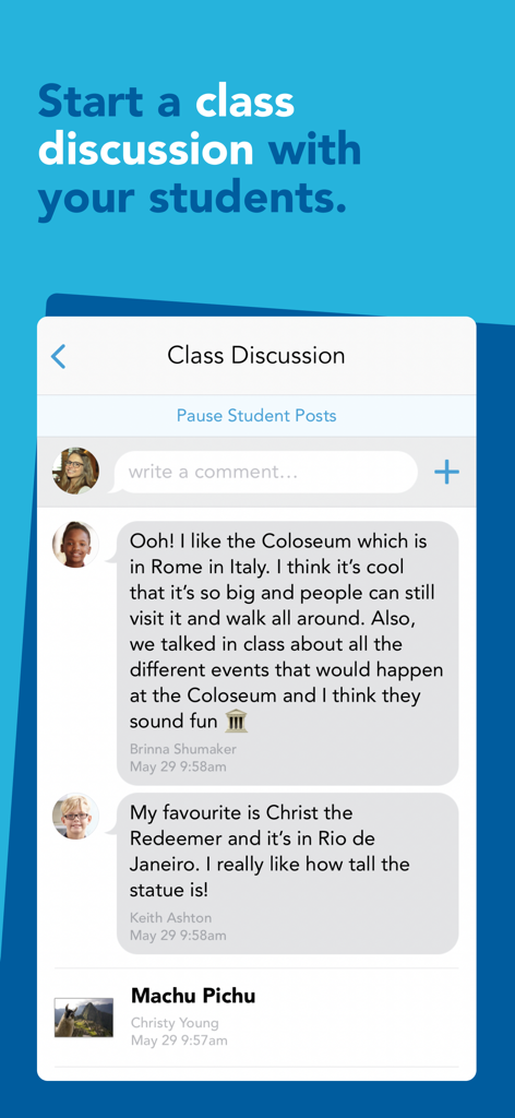 Capture d'écran de l'interface de l'application Showbie montrant une discussion en temps réel entre un professeur et des élèves sur les monuments du monde.