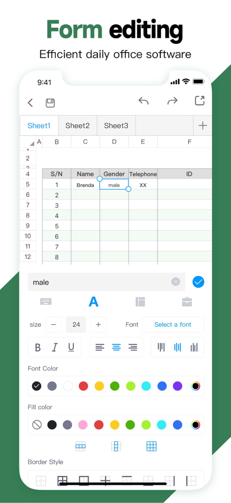 Mobile spreadsheet application interface showing form editing tools for font style color and cell formatting on an iPhone