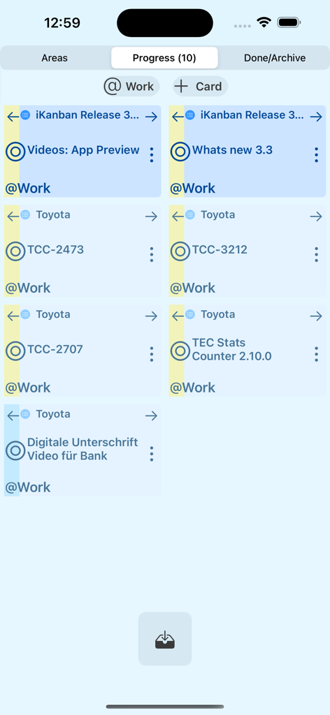 iKanban - Mobile interface of iKanban showing active tasks in the progress column