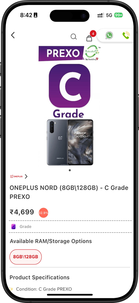 DD App B2R - Product page for a C-grade refurbished OnePlus Nord smartphone on the DD App B2R mobile application.