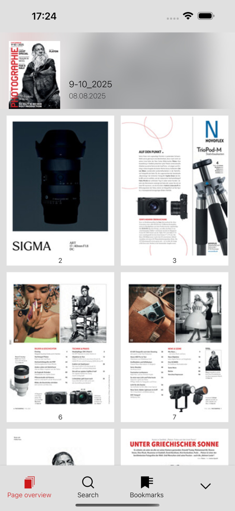 Photographie Magazin - A digital page overview within the Photographie Magazin app displaying articles on camera gear and artistic photography portfolios